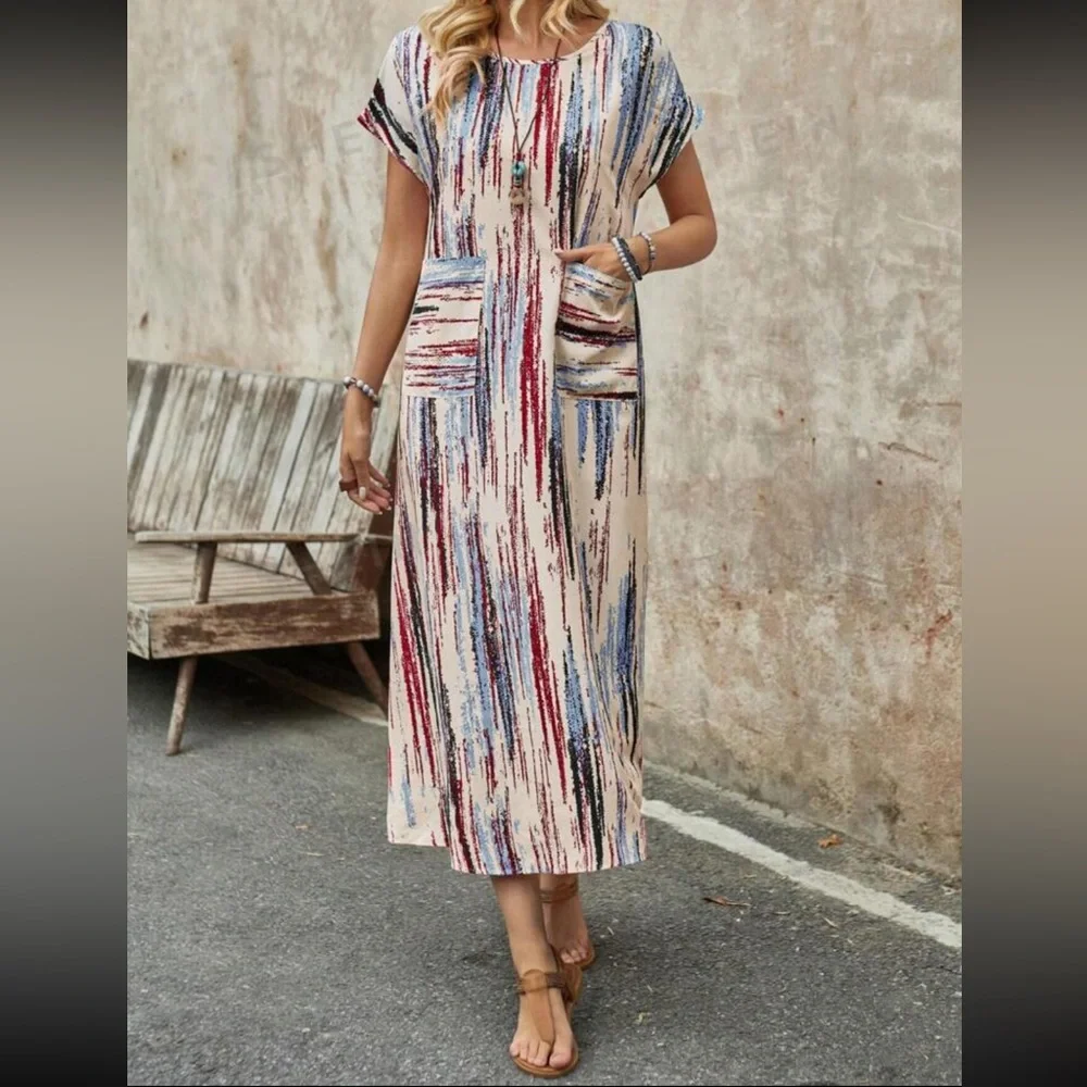 Striped casual short sleeve maxi dress with pockets - Picture 1 of 2